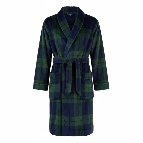 Club Room mens Navy / Hunter Green Plaid Belted Plush Pajama Robe S/M - Picture 2 of 7
